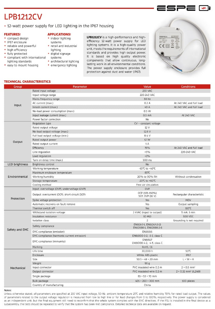Alimentation LED - 12 V, 1 A - 12 W - IP67 - ÉTANCHE - ESPE