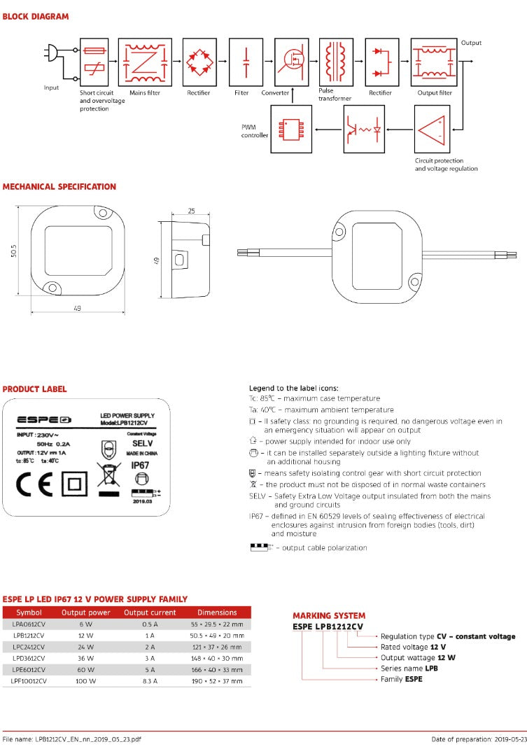 Alimentation LED - 12 V, 1 A - 12 W - IP67 - ÉTANCHE - ESPE