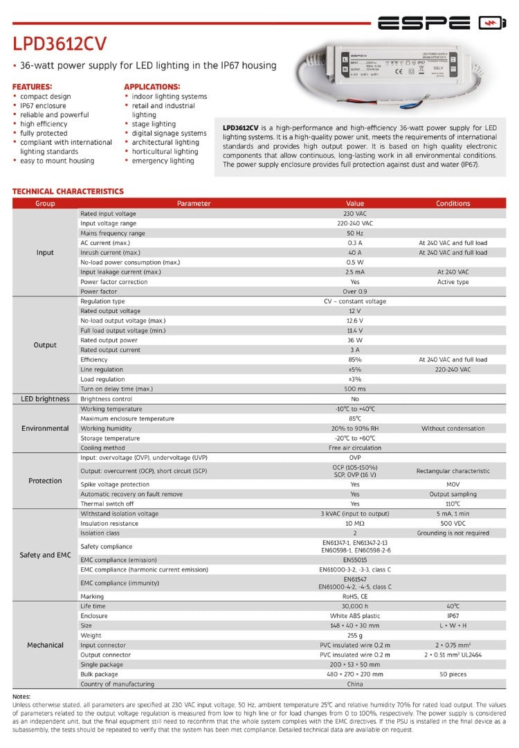 Alimentation LED - 24 V, 1,5 A - 36 W - IP67 - Étanche - ESPE