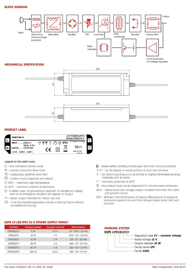 Alimentation LED - 24 V, 1,5 A - 36 W - IP67 - Étanche - ESPE