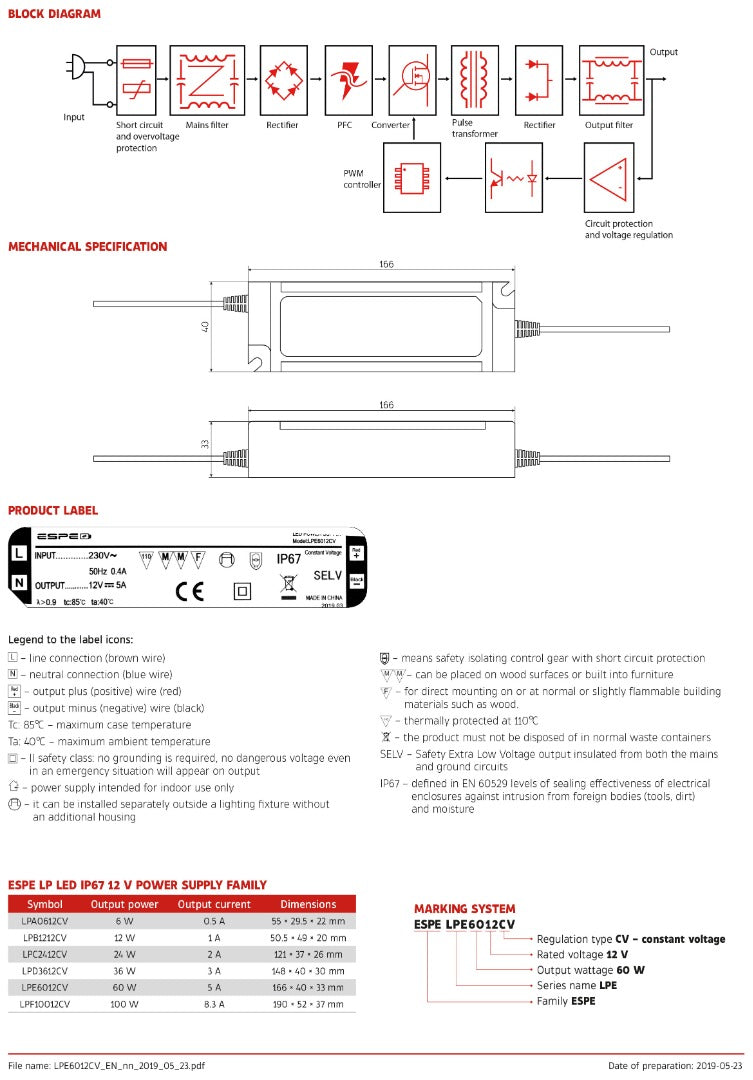 Alimentation LED - 12 V, 5 A - 60 W - IP67 - Étanche - ESPE