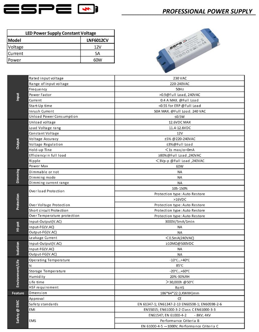 LED power supply - 12V, 5A - 60W - ESPE