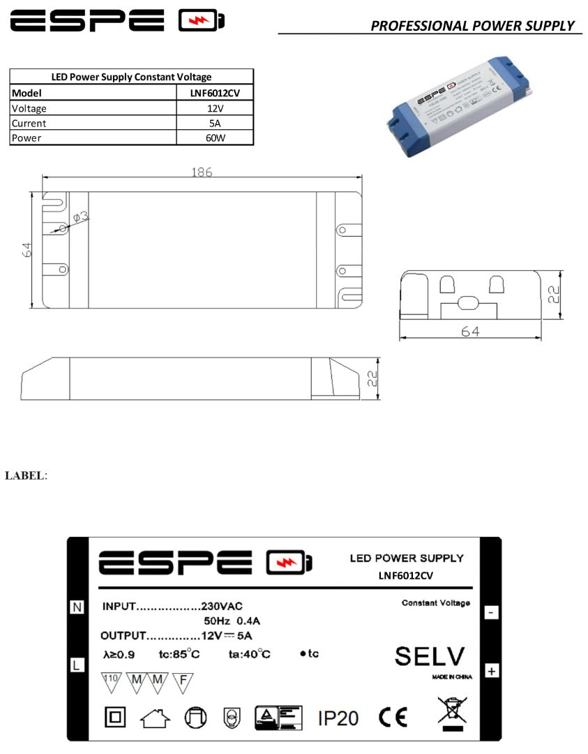 LED power supply - 12V, 5A - 60W - ESPE