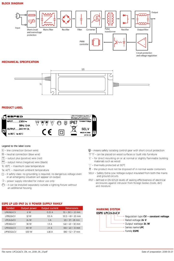 Alimentation LED - 24 V, 1 A - 24 W - IP67 - Étanche - ESPE