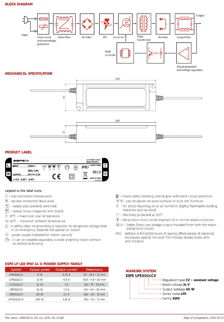 Alimentation LED - 24 V, 2,5 A - 60 W - IP67 - Étanche - ESPE