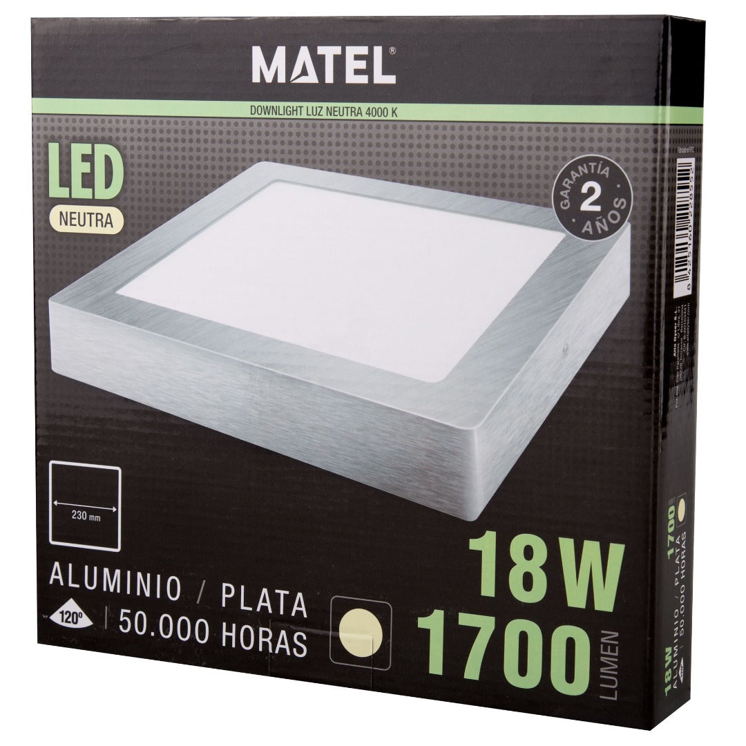 Plafonnier LED carré en saillie - Blanc neutre - Argent - 18 W