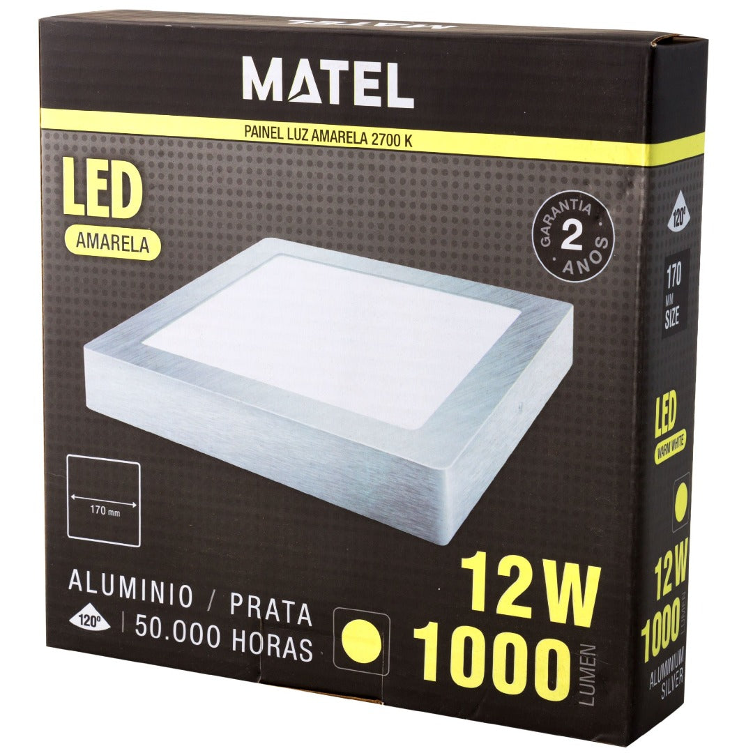 Plafonnier LED carré en saillie - Blanc chaud - Argent - 12 W