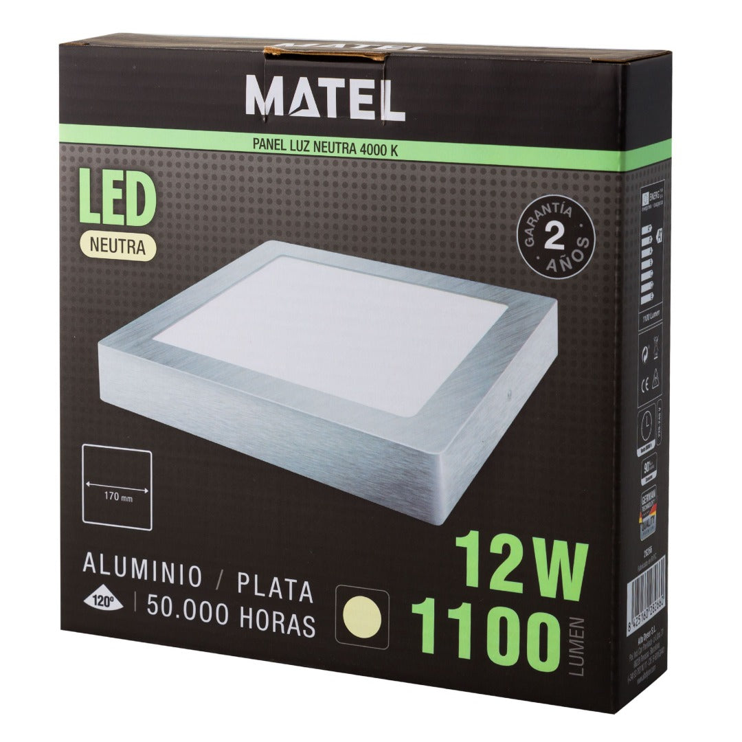 Plafonnier LED carré en saillie - Blanc neutre - Argent - 12 W