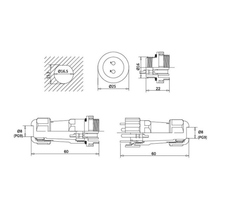 Male + Female - waterdichte kabelverbinder - 5 aderig - IP68