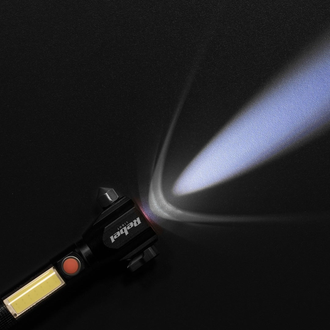 Rechargeable LED flashlight - 285 lumens - safety hammer + knife