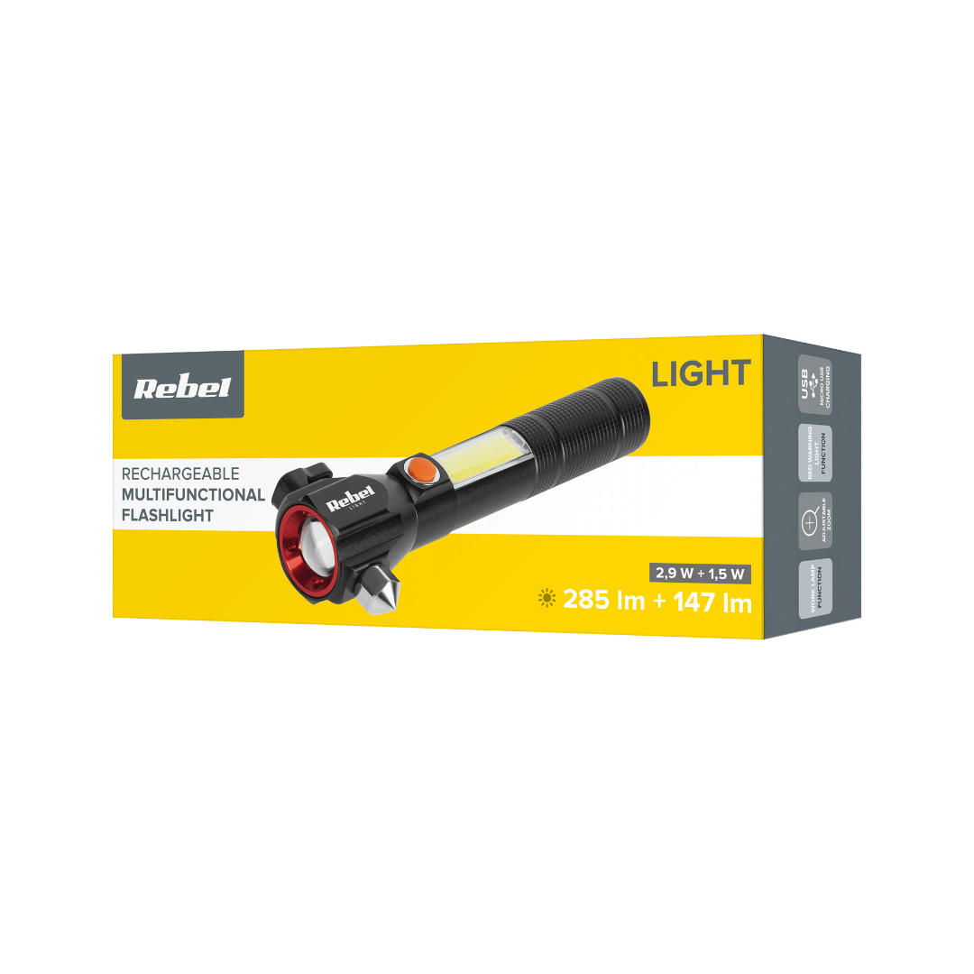 Rechargeable LED flashlight - 285 lumens - safety hammer + knife