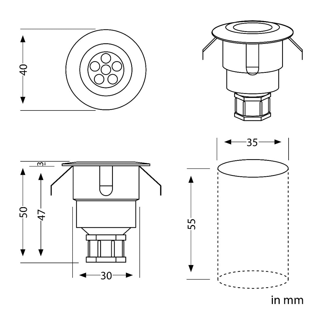 LED patio light, recessed - 40mm - 12V - Warm white - Black