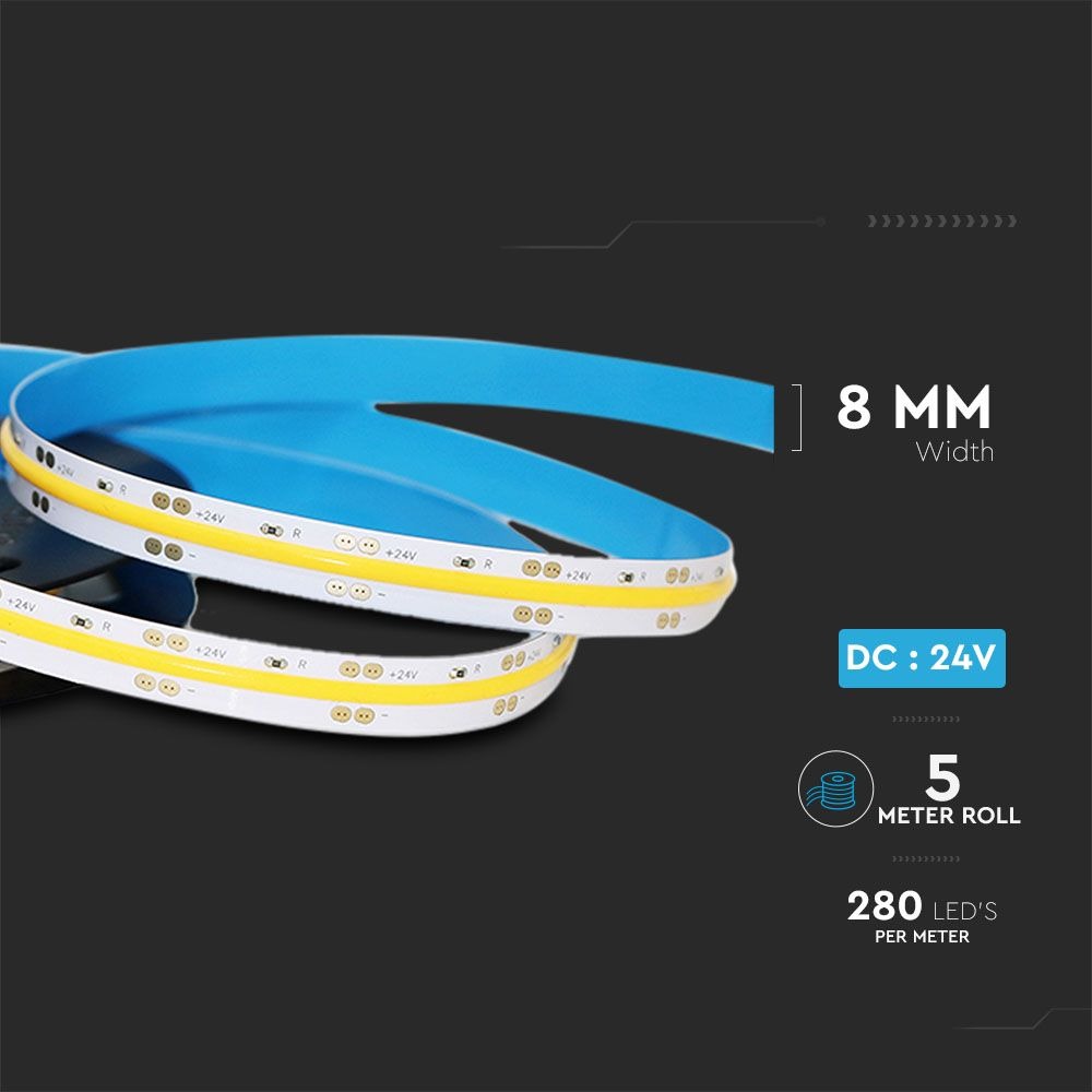 5 meters warm white LED strip - 280 LEDs - 24 Volt - 50 watt - COB