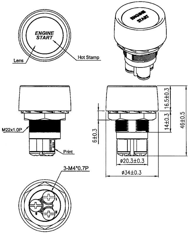 Bouton de démarrage moteur - 22 mm - SPST NO - Rouge - 12 V