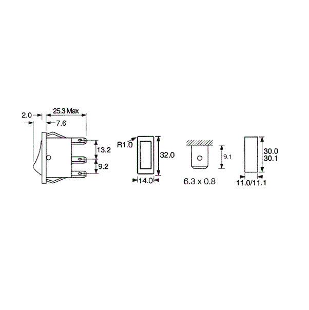 Switch - ON / OFF / ON - 250V - 16A - Black