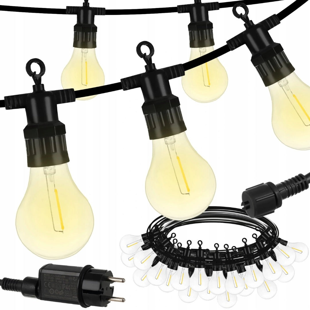 Led prikkabel - 10 meter - 20 lampen - Warm wit - 24V - Filament lampen