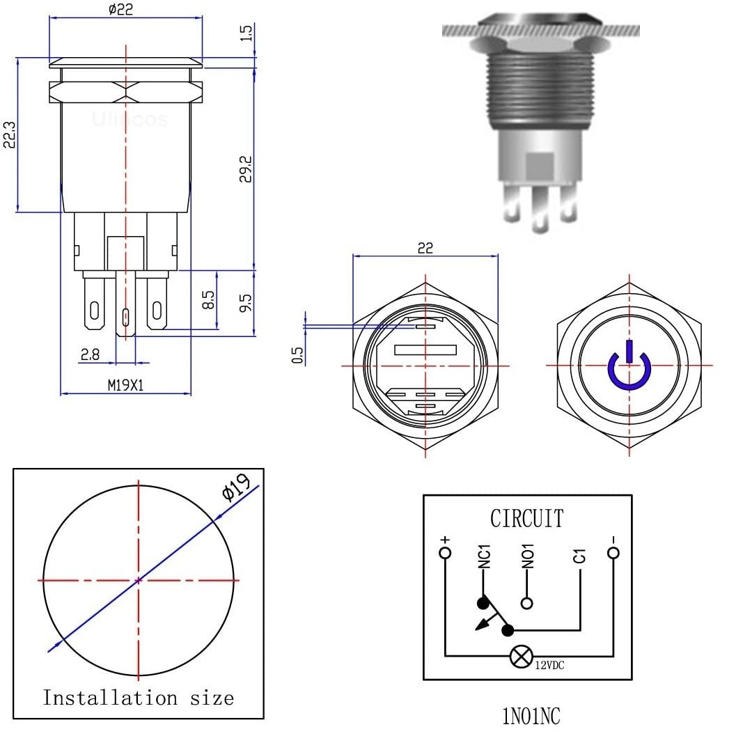 Push button switch blue illumination - 19mm - 1NO1NC