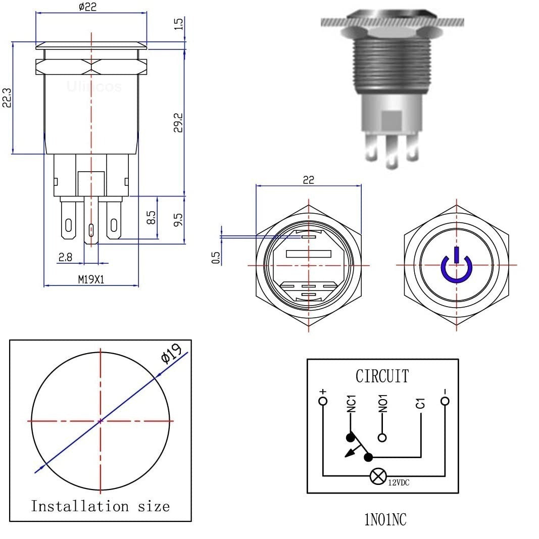 Interrupteur à bouton-poussoir 19 mm - éclairage LED vert - 12 V / 24 V