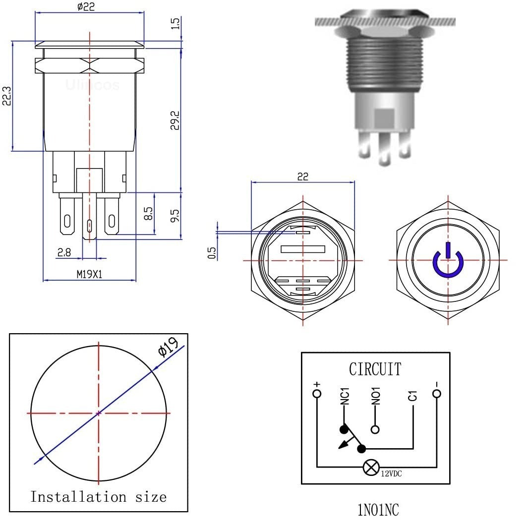 Push button switch red lighting - 19mm - 1NO1NC