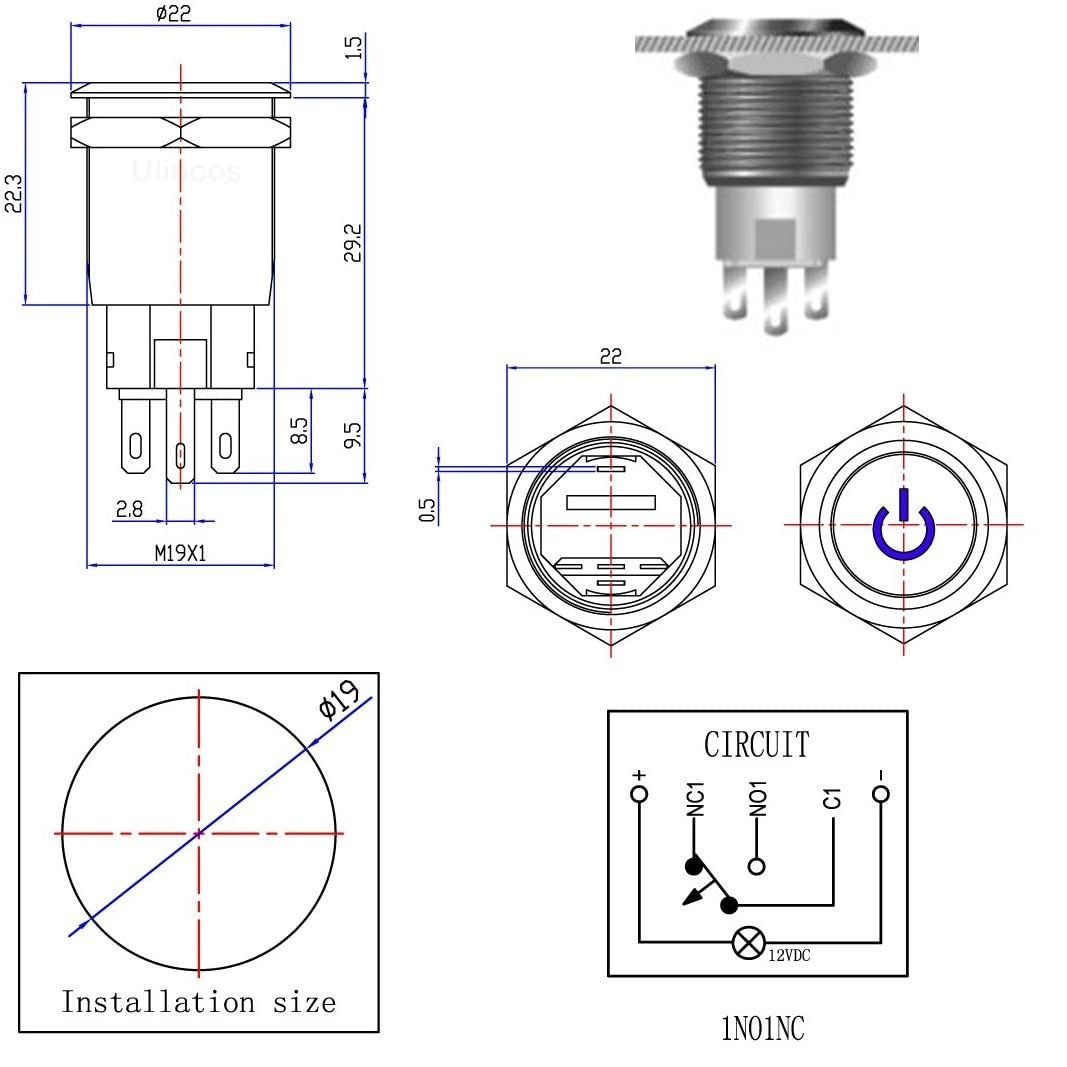 Push button switch blue illumination - 19mm - 1NO1NC - Power symbol