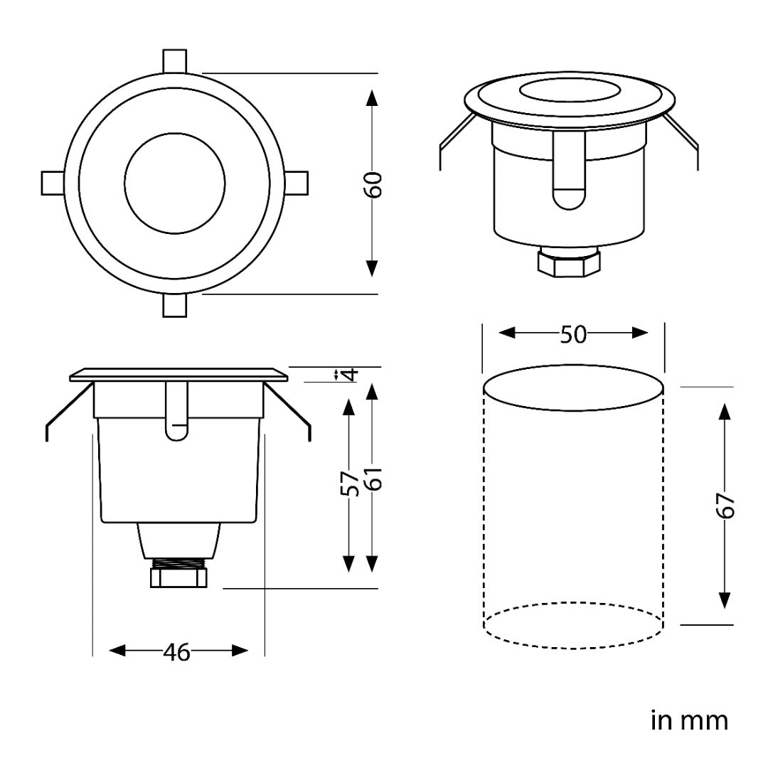 LED patio light, recessed - 60mm - 230V - Warm white - black