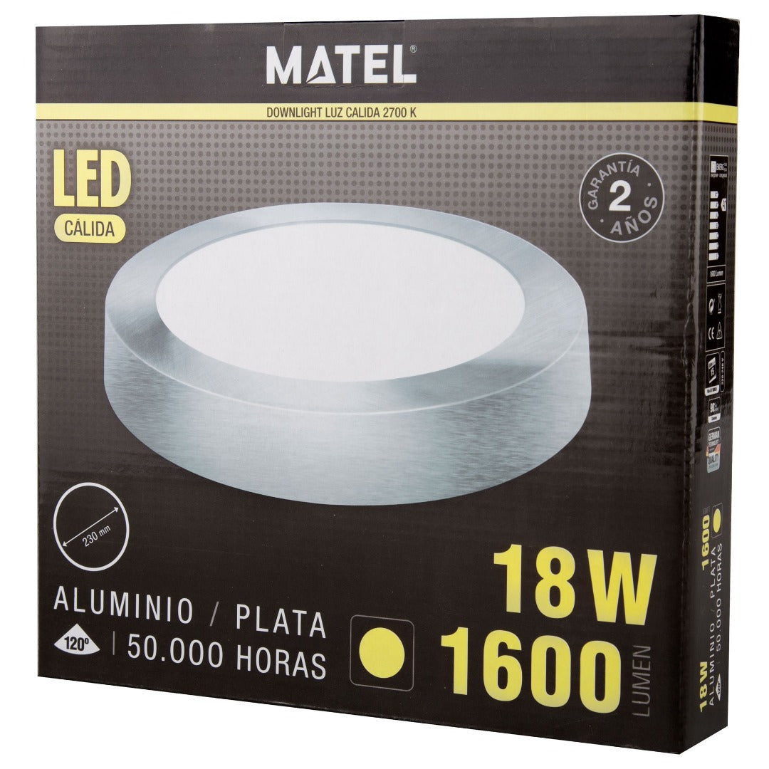 Plafonnier LED rond en saillie - Blanc chaud - Argent - 18 W