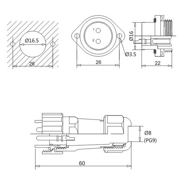 Male + chassis connector - 24V - waterproof cable connector - 4-wire - IP68