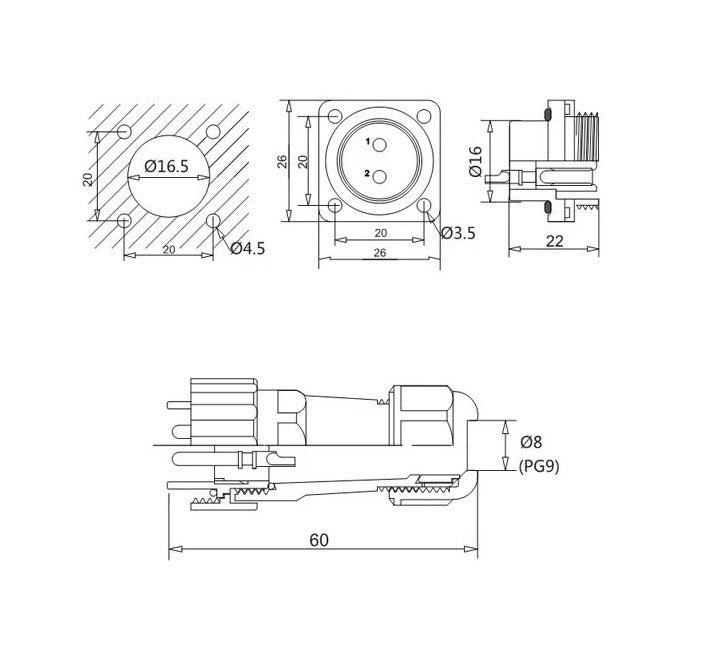 Male + chassis square base - 24V - waterdichte connector - 3 aderig - IP68