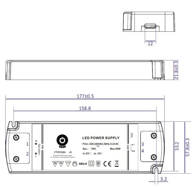 50W 12V DC dimmable power supply