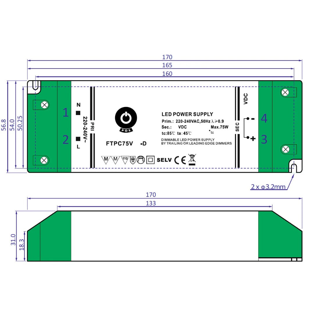 75W 24V DC dimmable power supply 