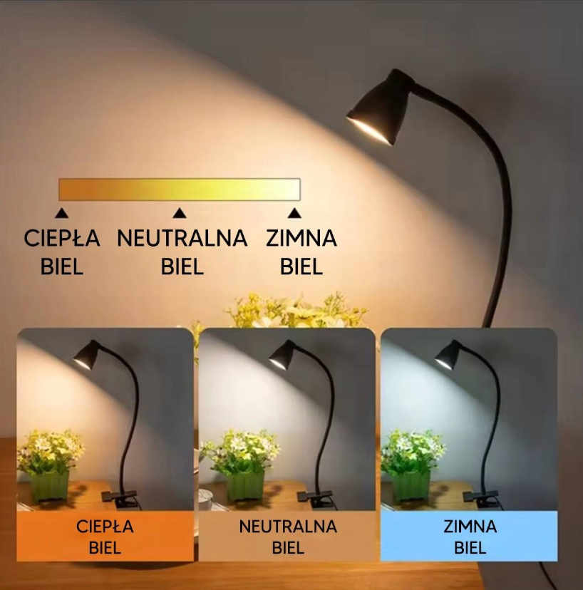 LED Bureaulamp met Klem – 5W – USB-voeding – 3 Lichtkleuren – Zwart