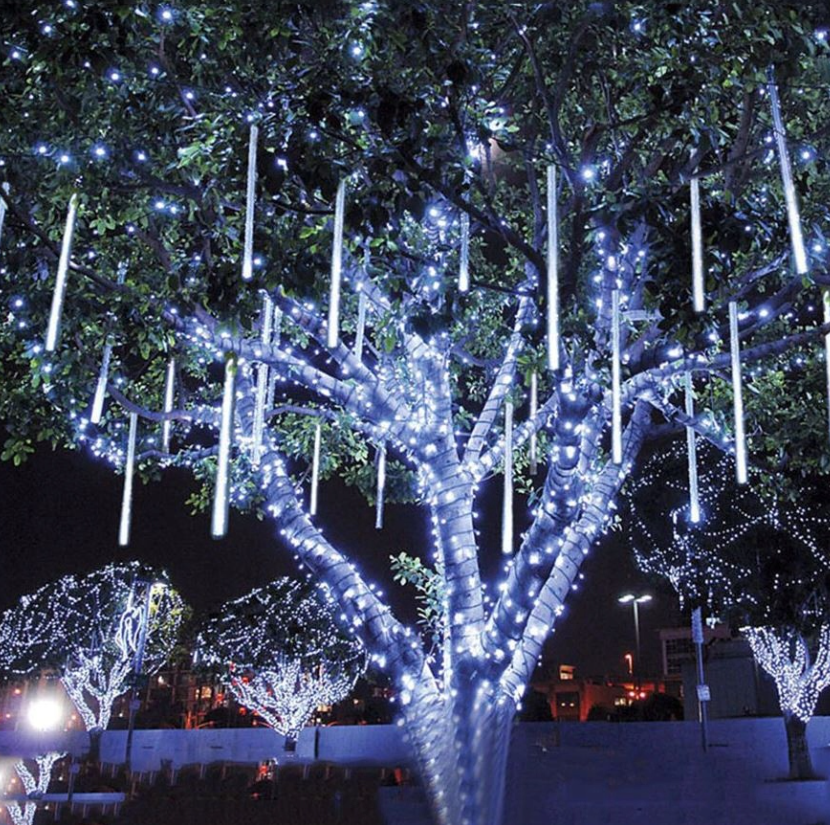 Guirlande lumineuse LED effet pluie de météorites pour Noël - 288 LED stalactites - 8 spirales - Tubes de 50 cm - Blanc froid