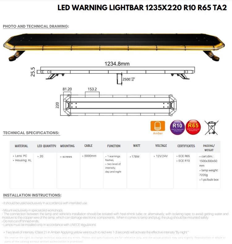 LED swing beam - 120cm - ECE R65 R10 - Extra Thin - Amber