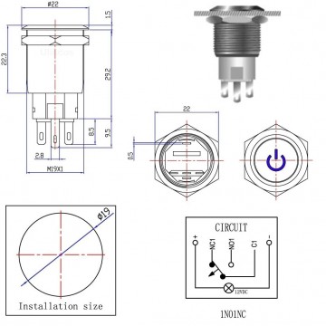 Drukschakelaar gele verlichting - 19mm - 1NO1NC - Power symbool