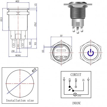 Drukschakelaar groene verlichting - 19mm - 1NO1NC - Power symbool