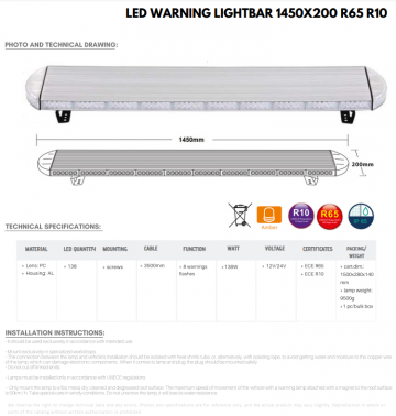 LED zwaaibalk - 1450 x 200mm - ECE R65 R10 + controller - Amber
